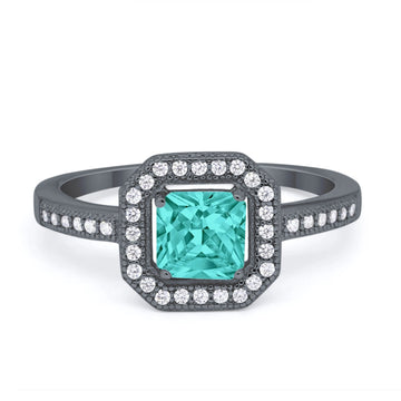 Halo Accent Engagement Ring Black Tone, Simulated Paraiba Tourmaline CZ 925 Sterling Silver